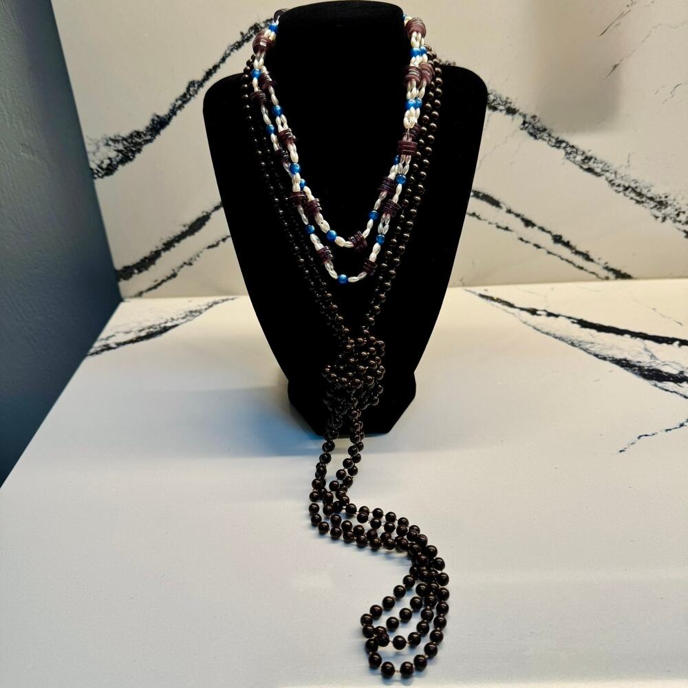 3 Piece Layered Beaded Necklace Stack Brown White Blue Purple Boho Bundle